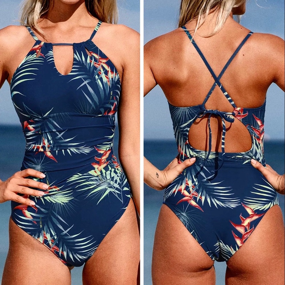 Teal Blue Bird Of Paradise Tropic Floral One Piece Swimsuit SIZE L Side Ruching